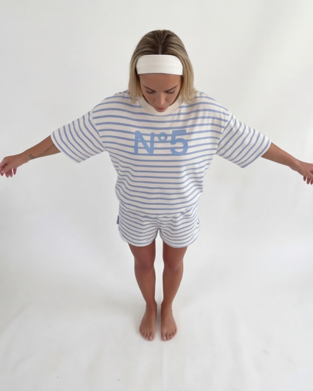 Women’s Striped Cotton Loungewear Set – Loose Fit Round Neck Top and Shorts