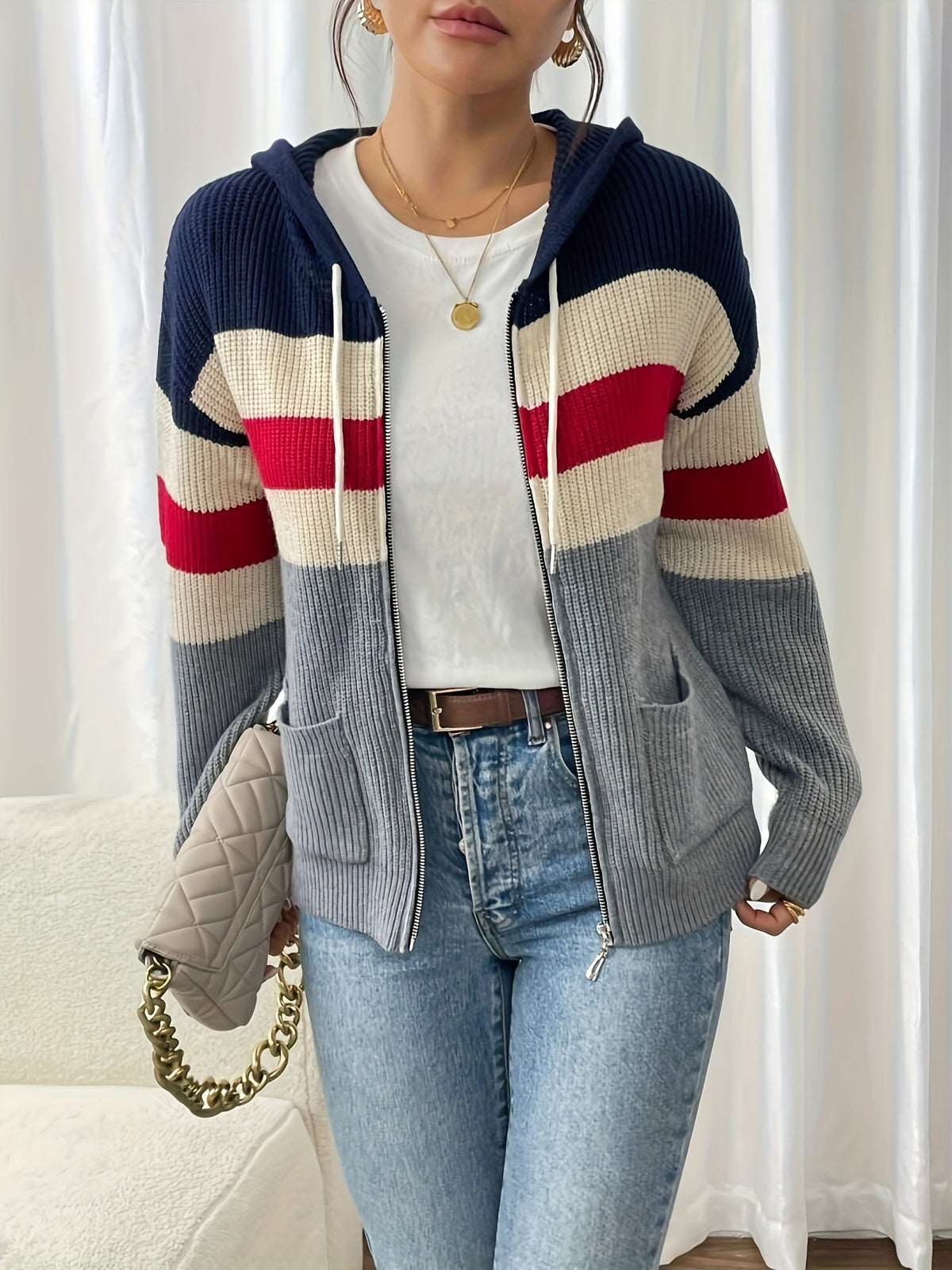 Women’s Color Block Hooded Zip Cardigan – Cozy Casual Layer