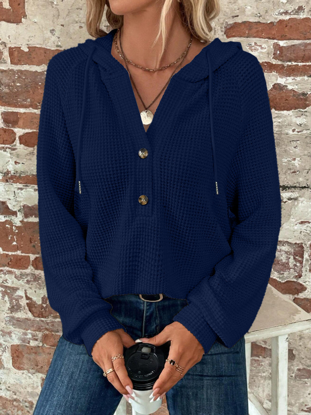 Women’s Solid Color Hooded Sweatshirt – Loose-Fit Button-Up Fall Winter Style