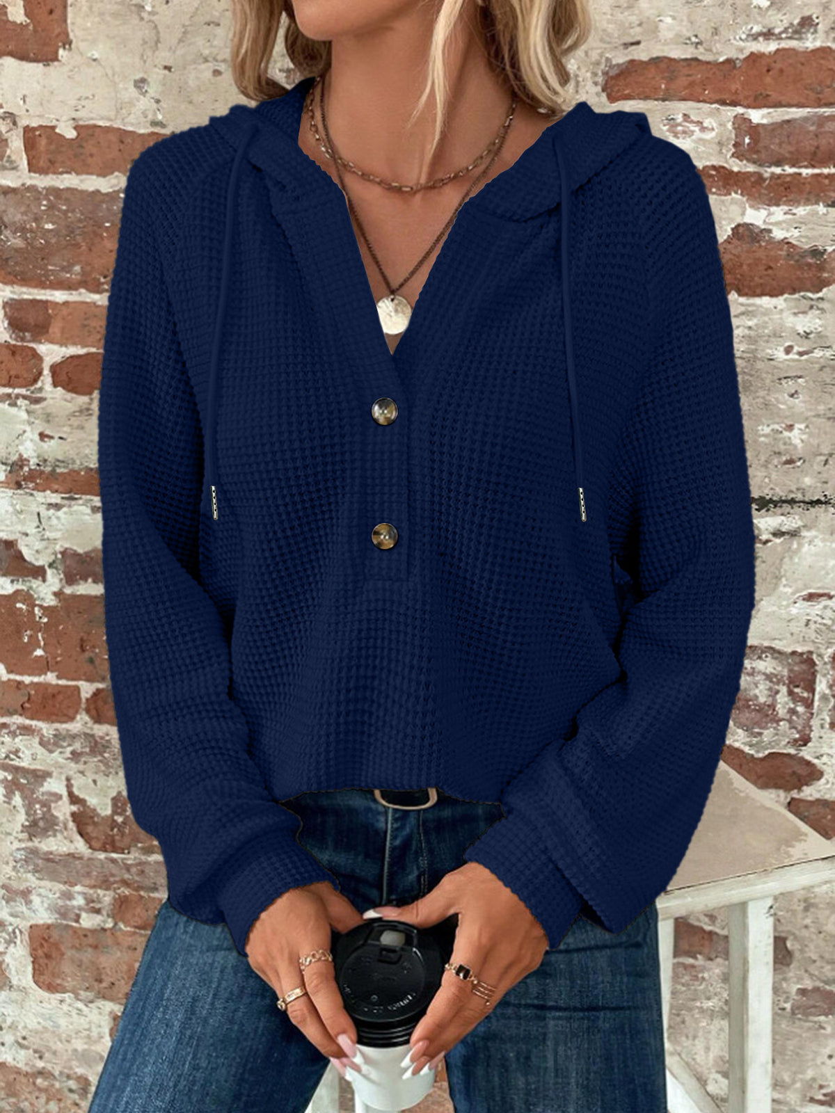 Women’s Solid Color Hooded Sweatshirt – Loose-Fit Button-Up Fall Winter Style