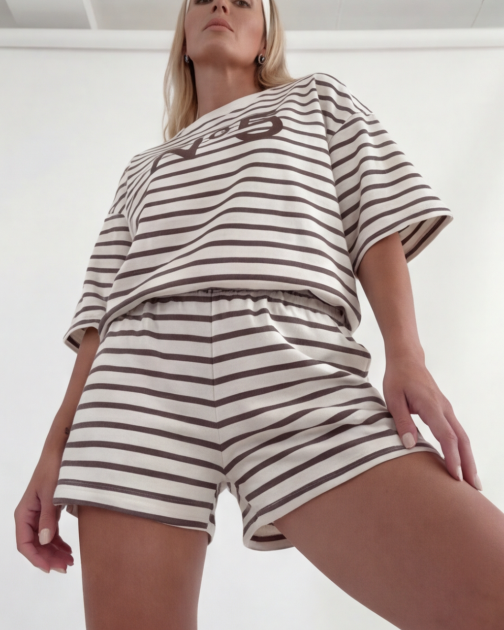 Women’s Striped Cotton Loungewear Set – Loose Fit Round Neck Top and Shorts