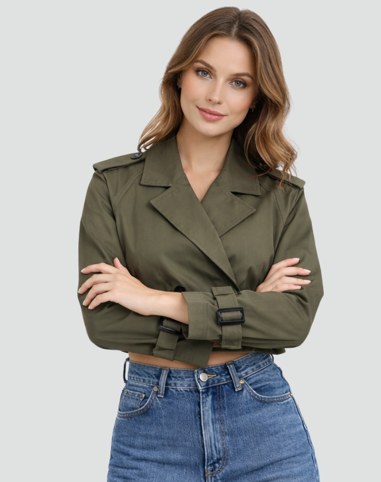 Women's Short Cotton Trench Coat - Classic Regular Fit Everyday Outerwear