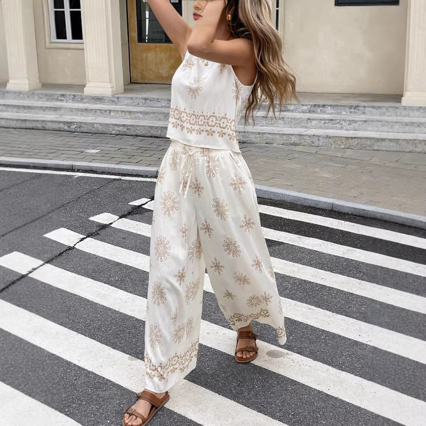 Women’s Printed Sleeveless Crew-Neck Tank Top and Pants Set – Casual Two-Piece Outfit