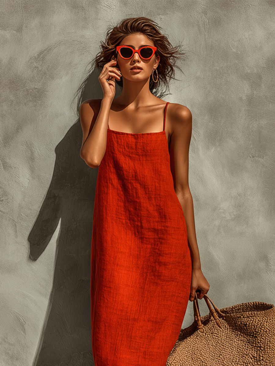 Women's Red Linen Maxi Dress - Square Neck Spaghetti Strap Resort Style