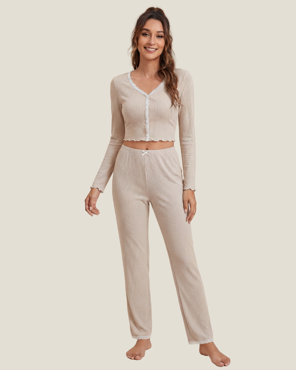 Women’s Comfortable Lace Pajama Set – Long-Sleeved Top and Slim-Fit Trousers