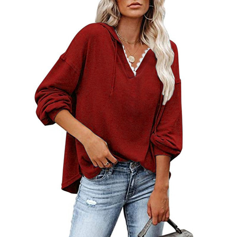 Women's Hooded Lace Sweatshirt - V-Neck Long Sleeve Casual Pullover