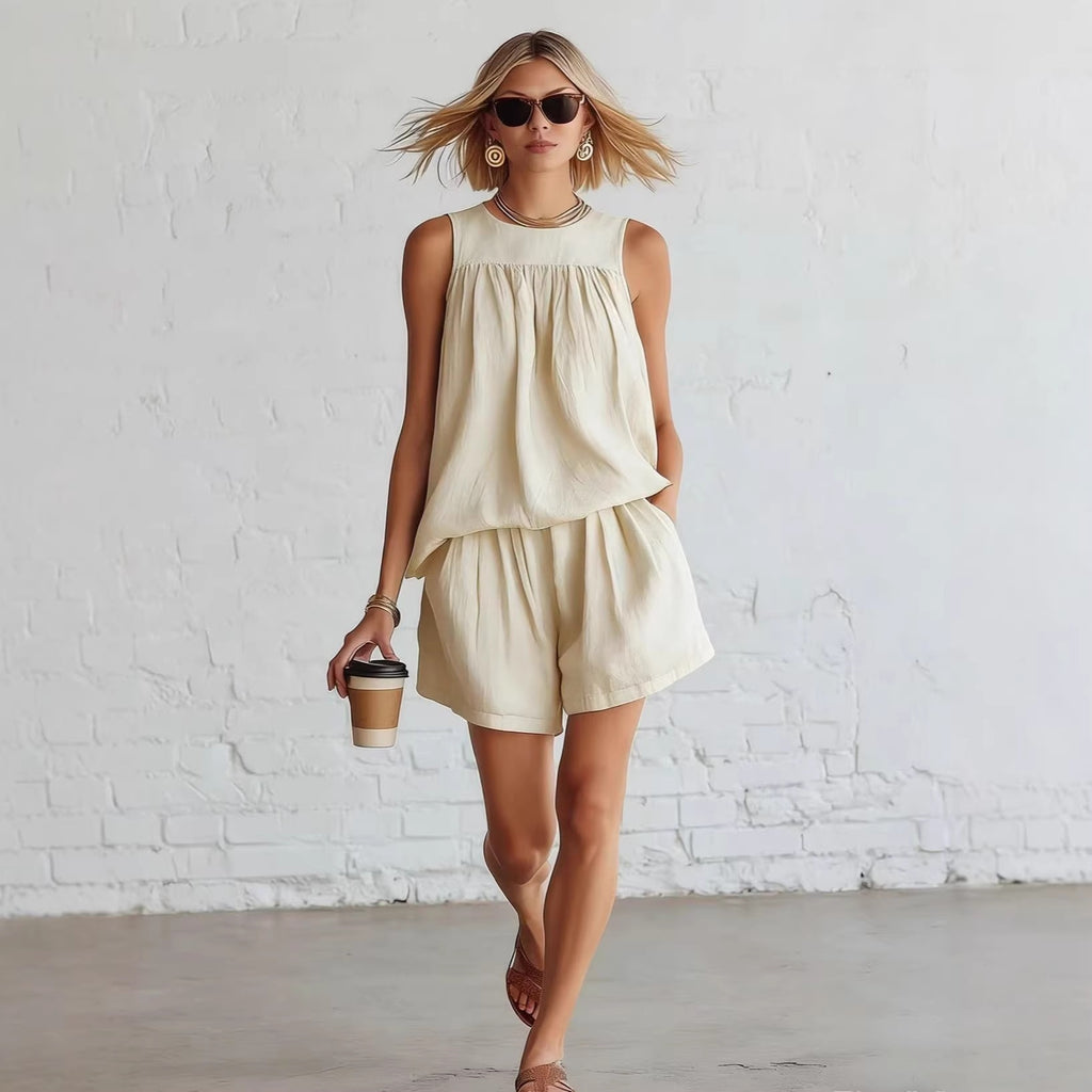 Women's Sleeveless Pleated Top and Wide-Leg Shorts Set – Effortless Summer Co-Ord Style