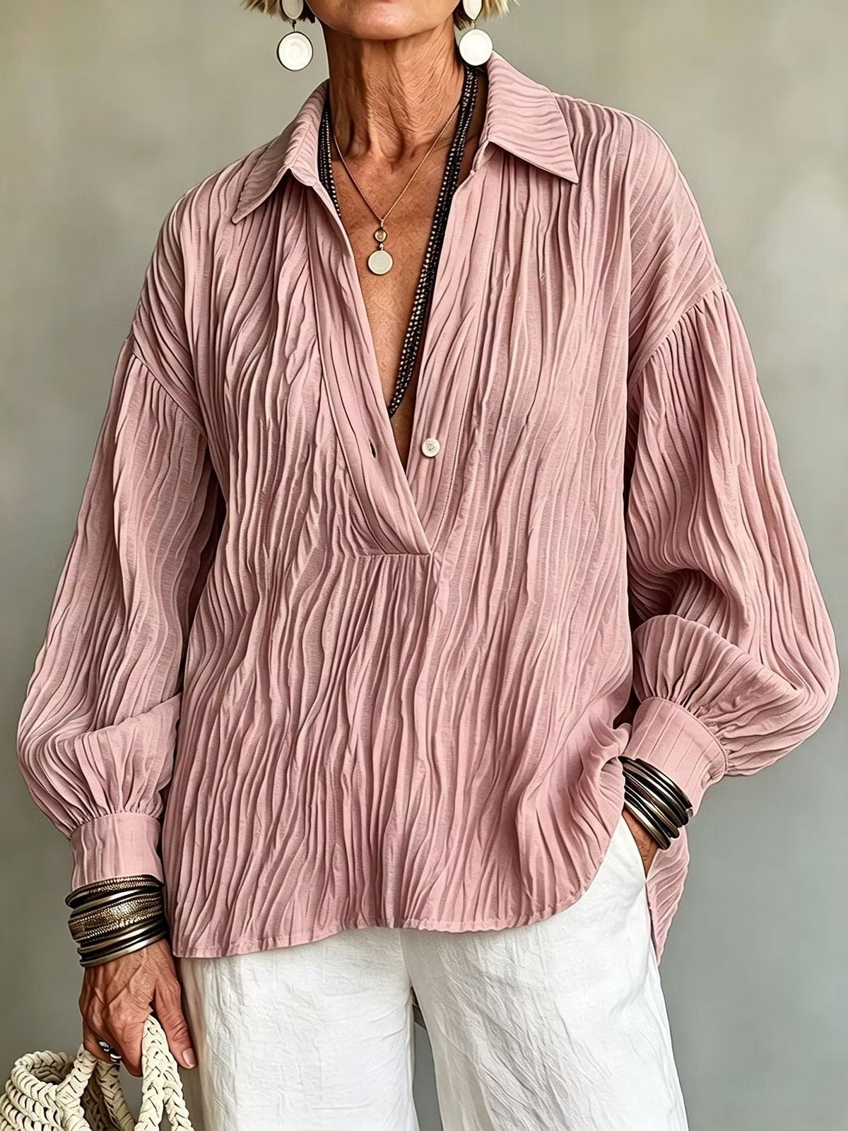 V-Neck Long-Sleeve Shirt - Light and Elegant