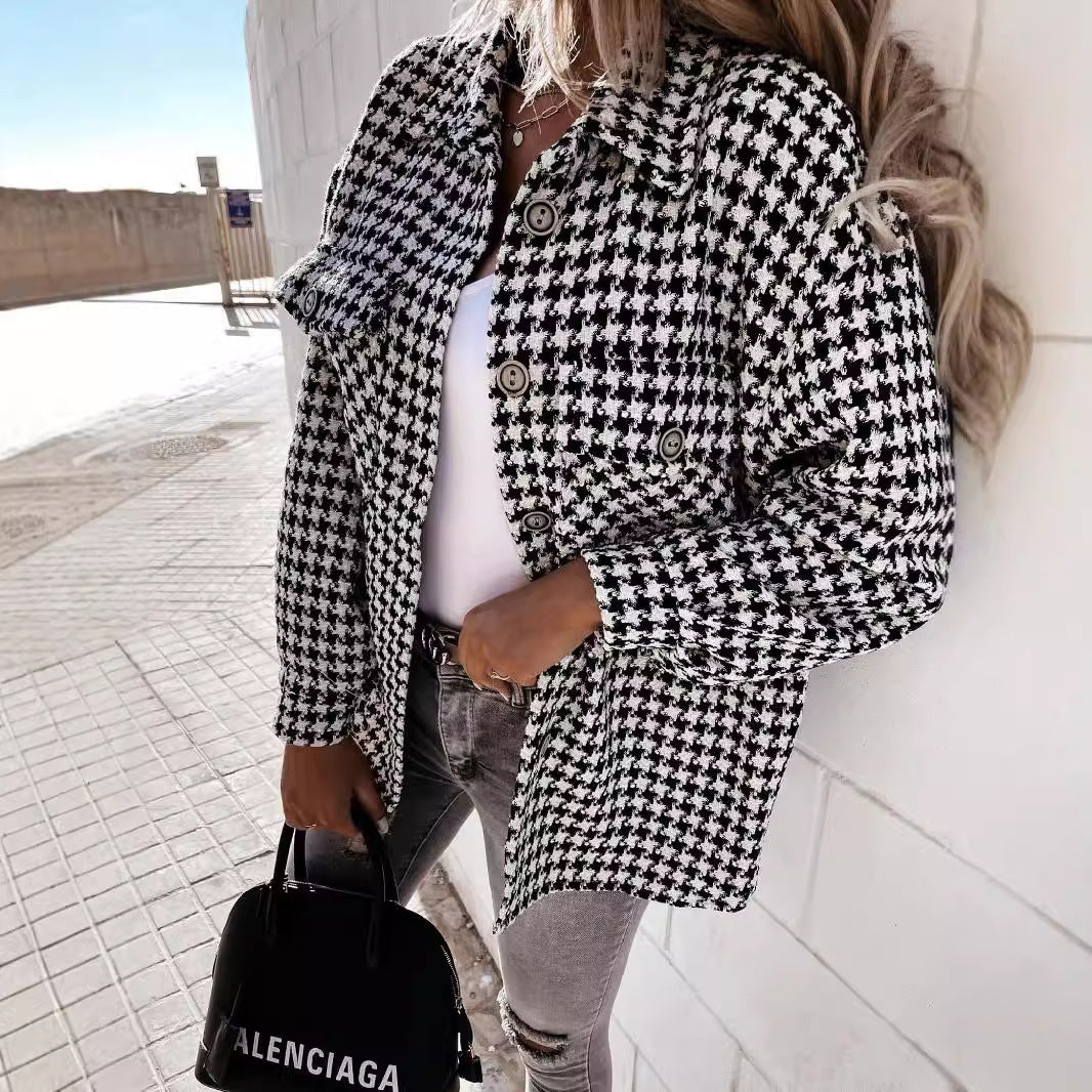 Women's Houndstooth Coat - Soft Plaid Statement Everyday Outerwear