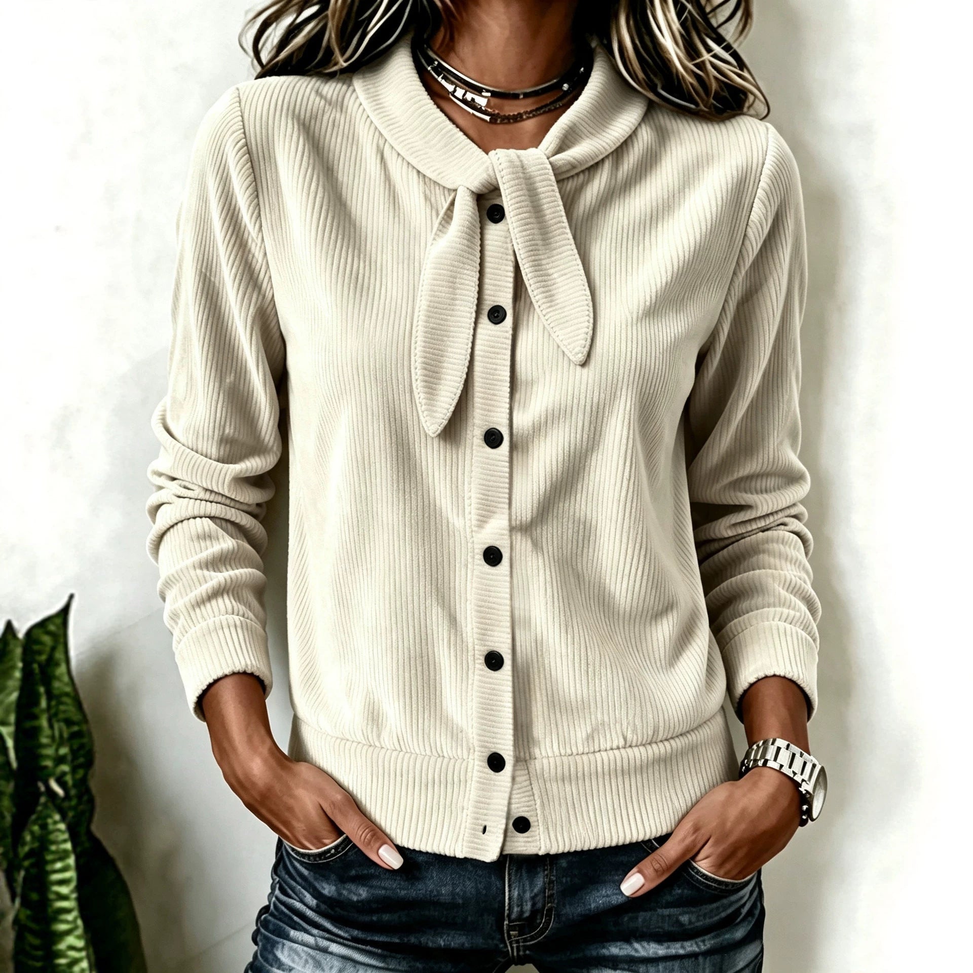 Women's Button Detail Bow Knit Sweater - Soft Feminine Layer