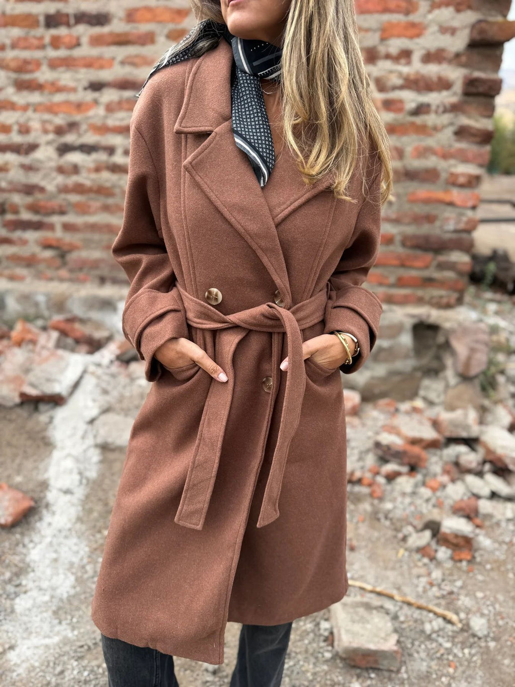 Women’s Autumn Winter Lace-Up Cardigan Coat – Casual Long Sleeve Lapel Wool Blend with Pockets