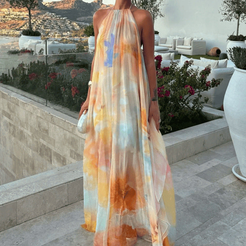 Women's Halter Backless Printed Maxi Dress – Flowy Summer Statement Dress