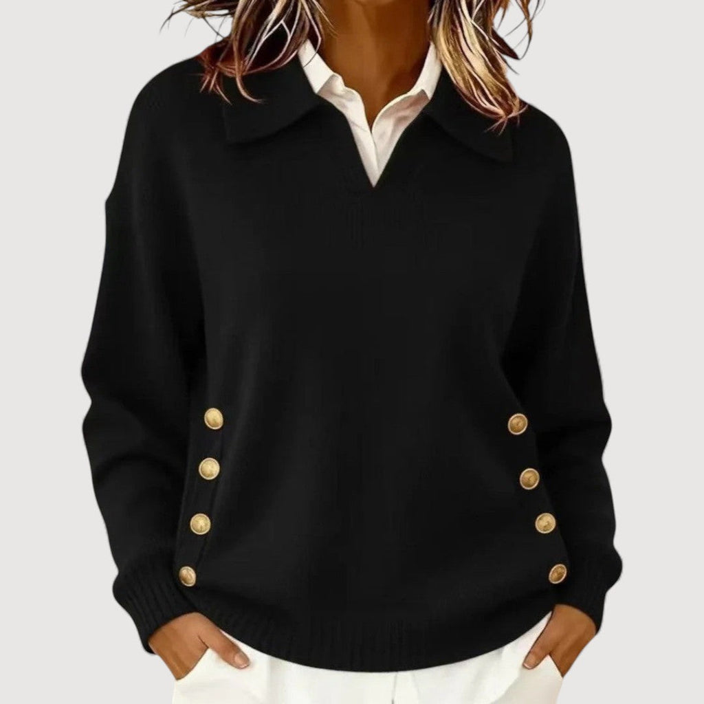 Women’s V-Neck Knit Sweater – Elegant Button-Detail Pullover