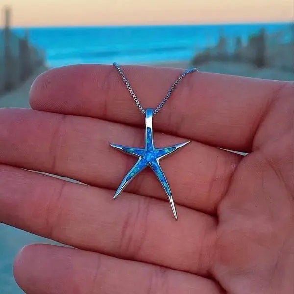 Women's Blue Opal Starfish Necklace - Elegant Coastal Jewelry
