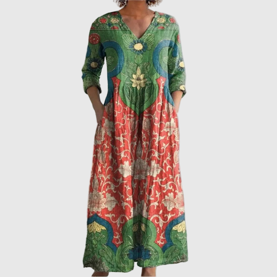 Women's Vintage Floral Maxi Dress - Flowy Boho Occasion Dress