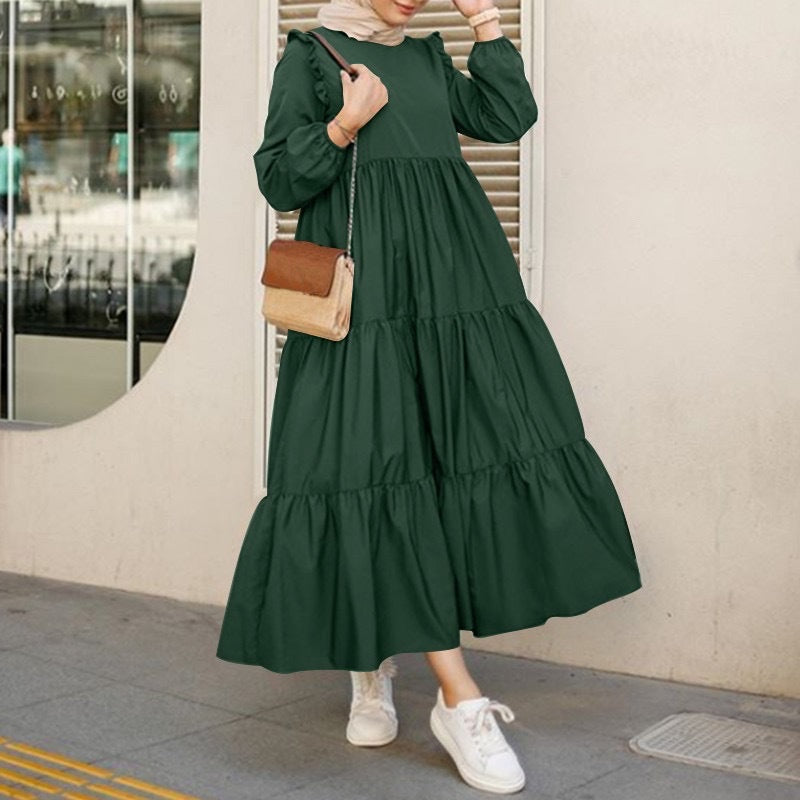 Women's Long Sleeve Midi Dress – Elegant Round Neck Day Dress