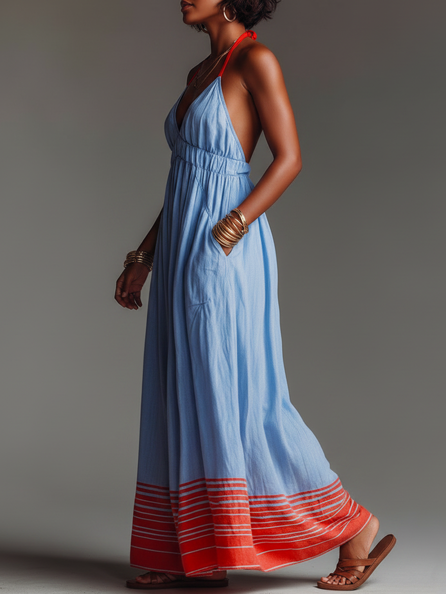 Women's Halter Maxi Dress with Striped Hem and Pockets – Relaxed Vacation Style