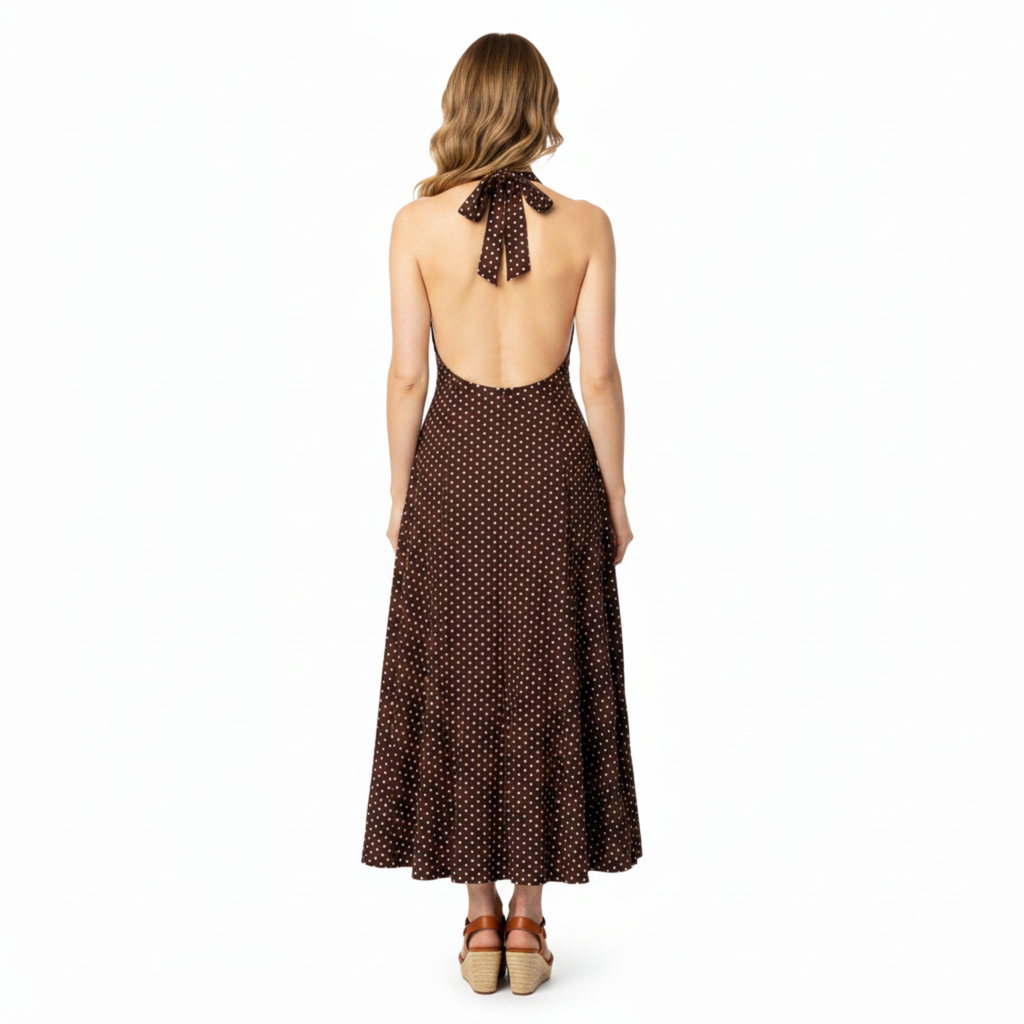 Women's Polka Dot Halter Maxi Dress – Plunging V-Neck Summer Dress