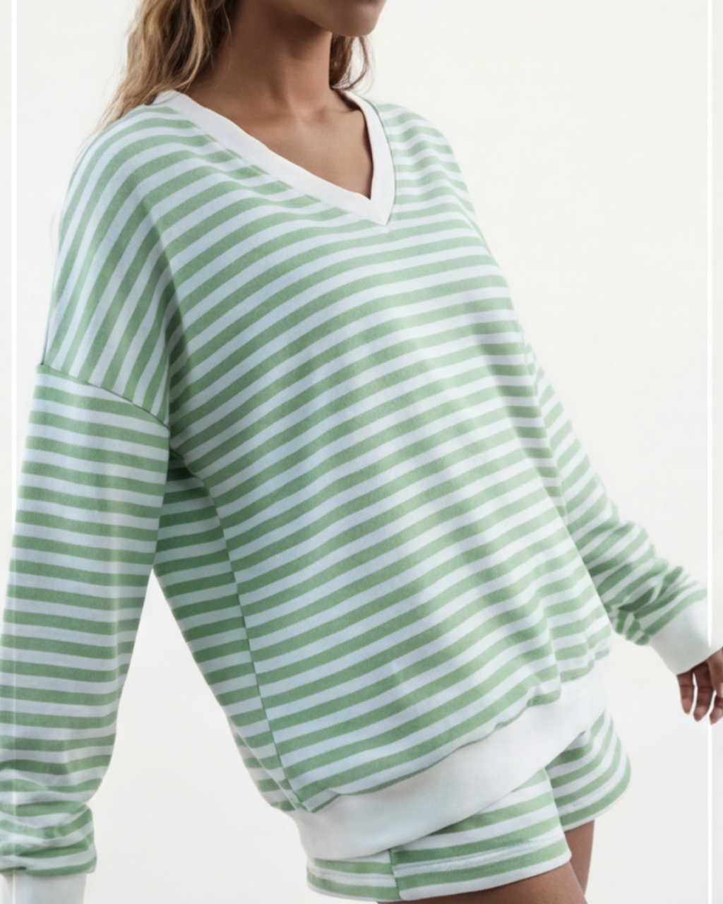 Women’s Elegant Striped Pajamas Set – Long-Sleeve Top and Lounge Shorts