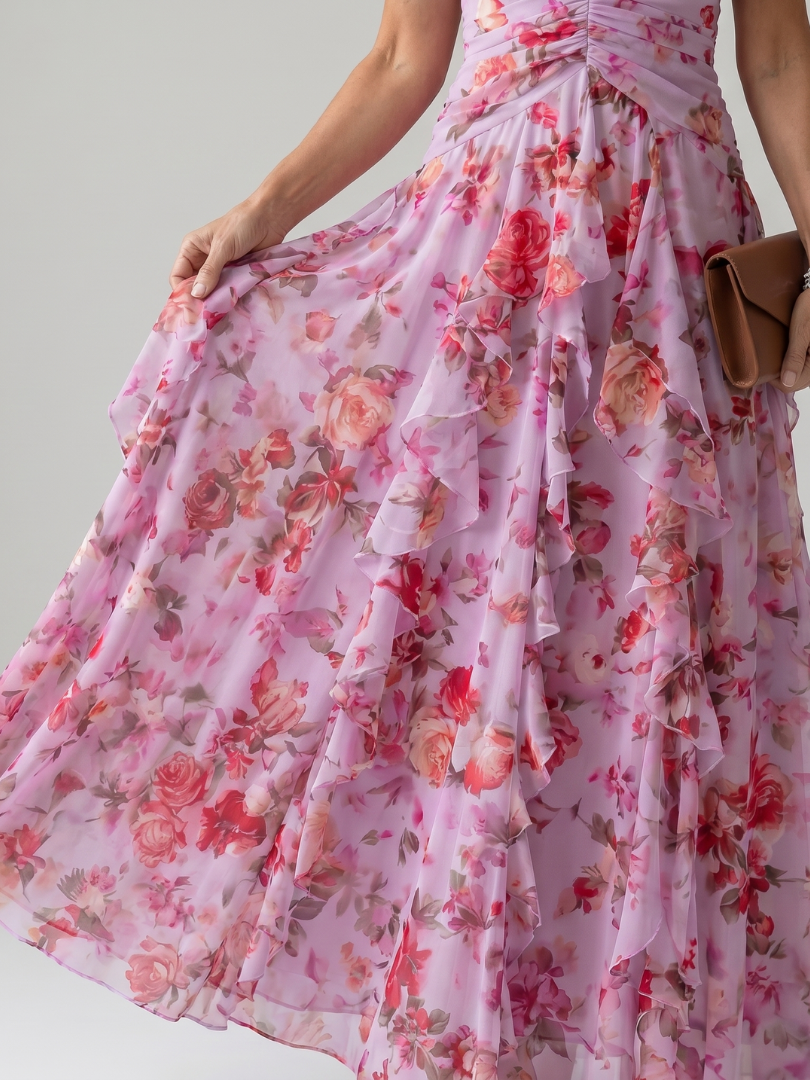 Women's Halter Neck Ruched Bodice Floral Maxi Dress - Elegant Occasion Flow