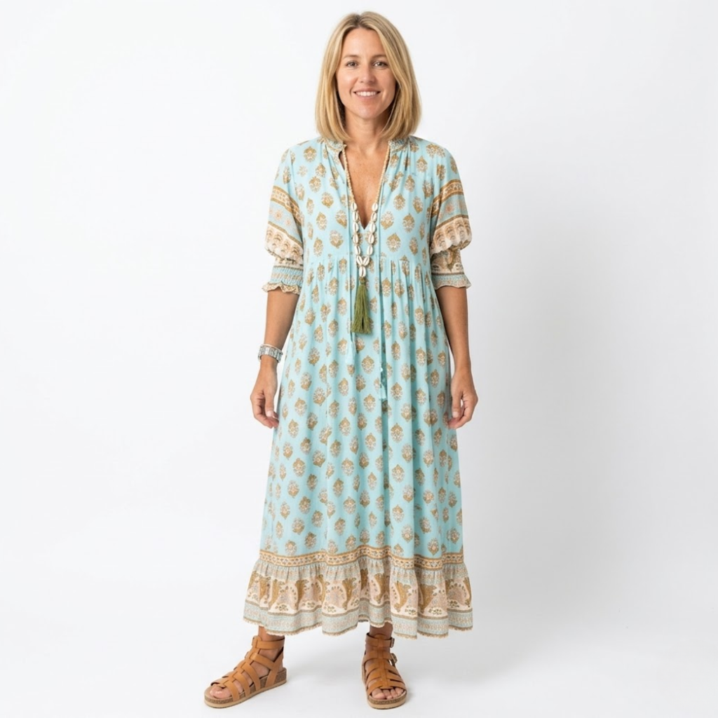 Women's Boho Floral Midi Dress – V-Neck Lantern Sleeve Dress