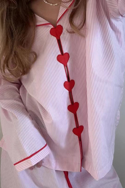 Women's Heart Print Pajama Set – Soft Button-Up Two-Piece Sleepwear