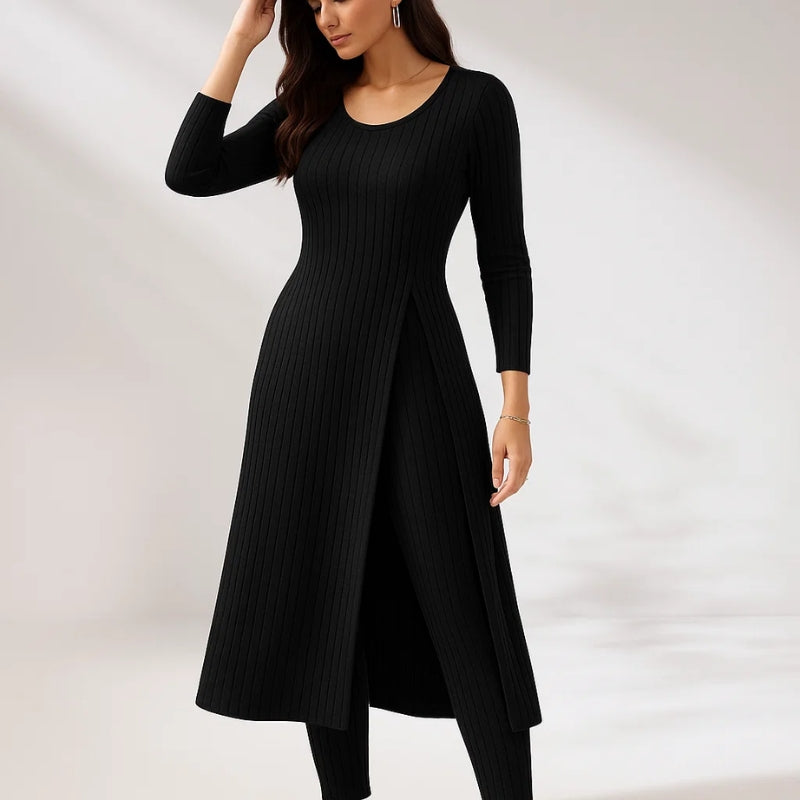 Women’s Ribbed Two-Piece Set – Split-Hem Longline Top and Wide-Leg Matching Pants