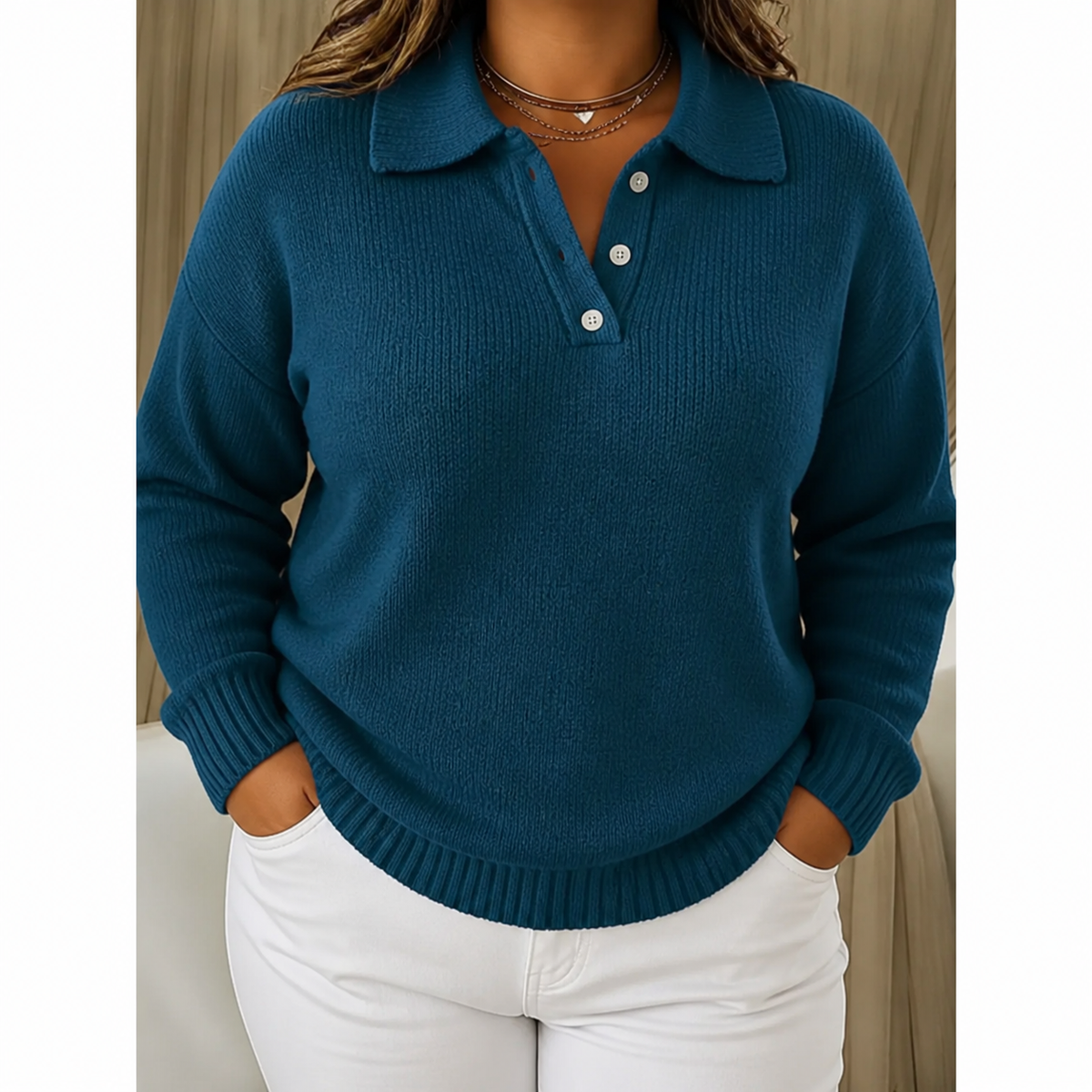 Polo-Collar Knit Sweater - Soft and Practical