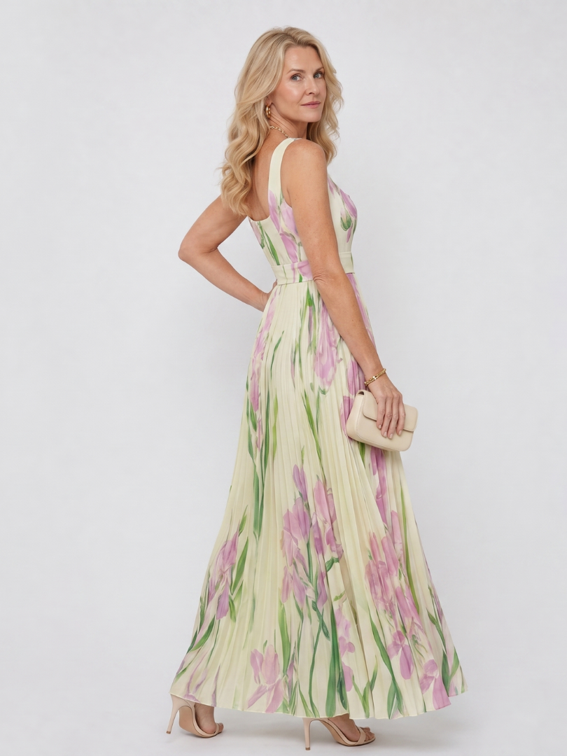 Women's Pleated Sleeveless Square Neck Midi Dress – Elegant Summer Daywear