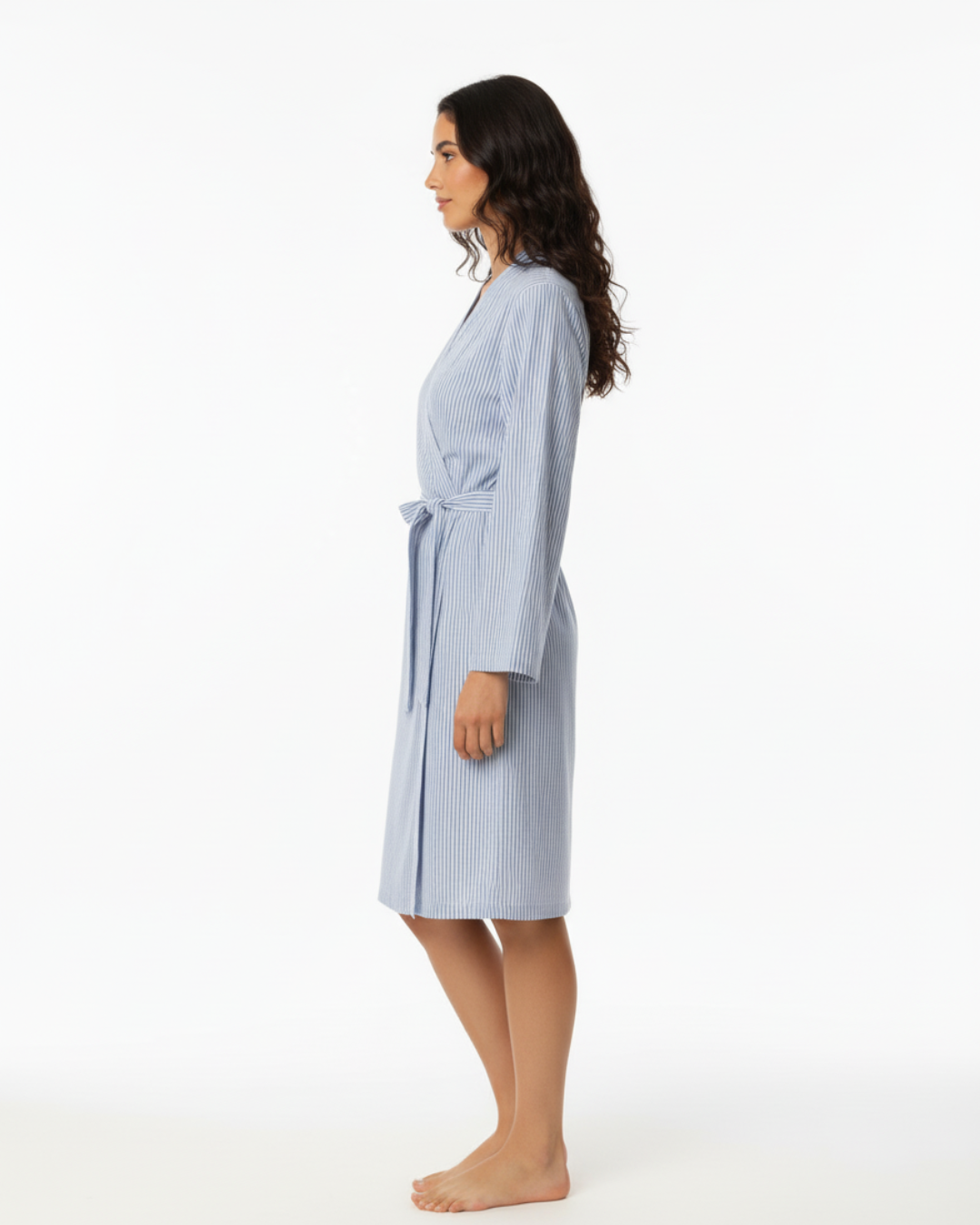 Women’s Blue and White Striped Kimono Robe – Lightweight Cotton Bathrobe