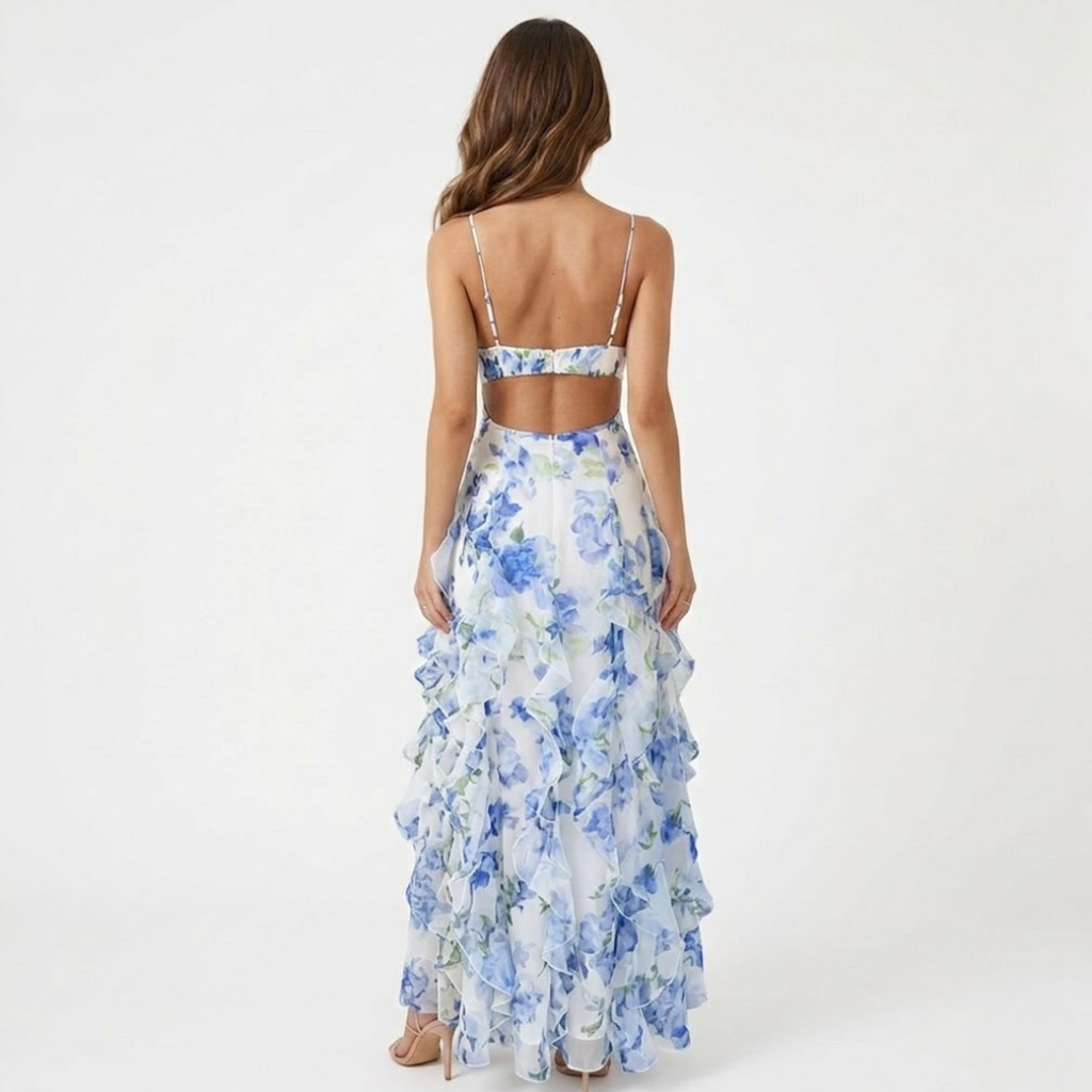 Women's Floral Corset Maxi Dress – Ruffle Trim Strap Summer Dress