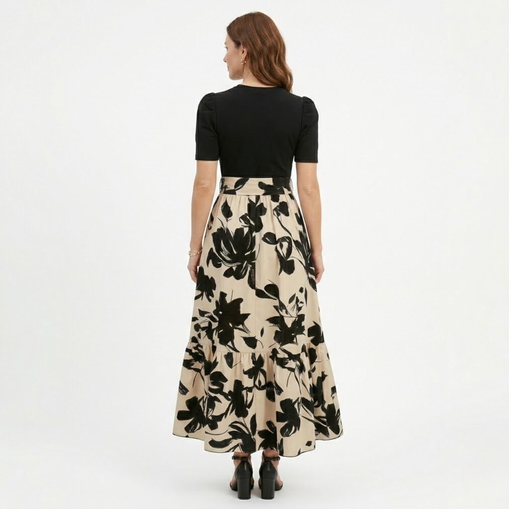 Women's Floral A-Line Maxi Dress – Puff Sleeve Belted Summer Dress