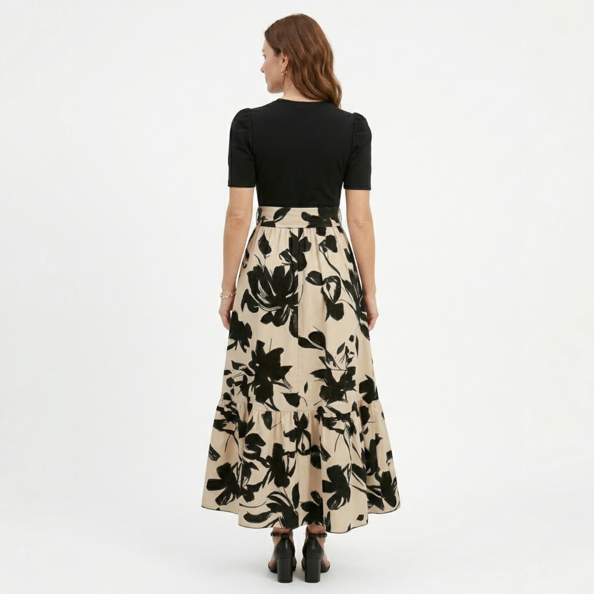 Women's Floral A-Line Maxi Dress – Puff Sleeve Belted Summer Dress