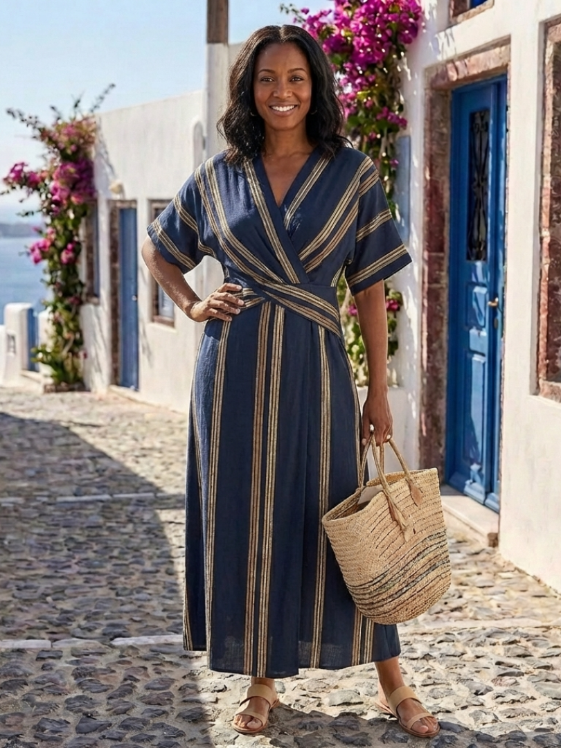 Women's V Neck Short Sleeve Striped Wrap Midi Dress – Flattering Everyday Dress