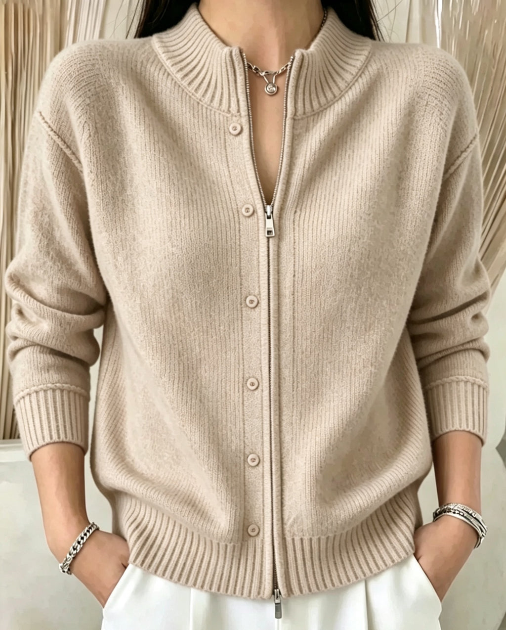 Zip-Up Crewneck Knit Sweater - Soft and Modern