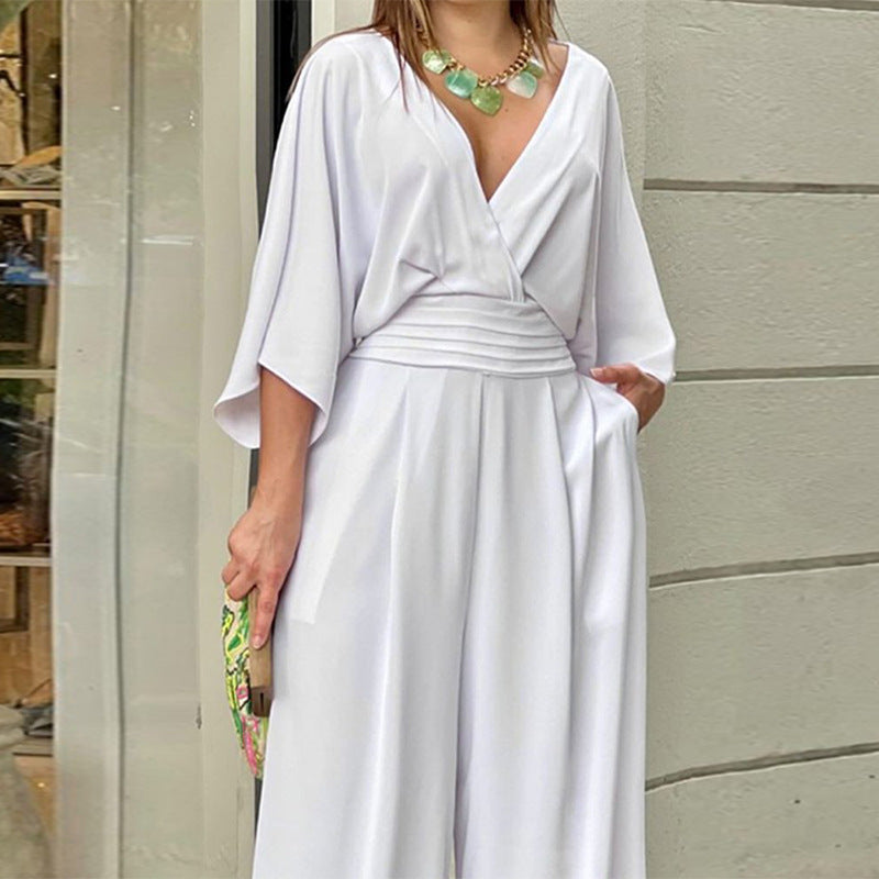 Women’s V-Neck Solid-Color Jumpsuit – Summer Trendy Short-Sleeve Casual Streetwear