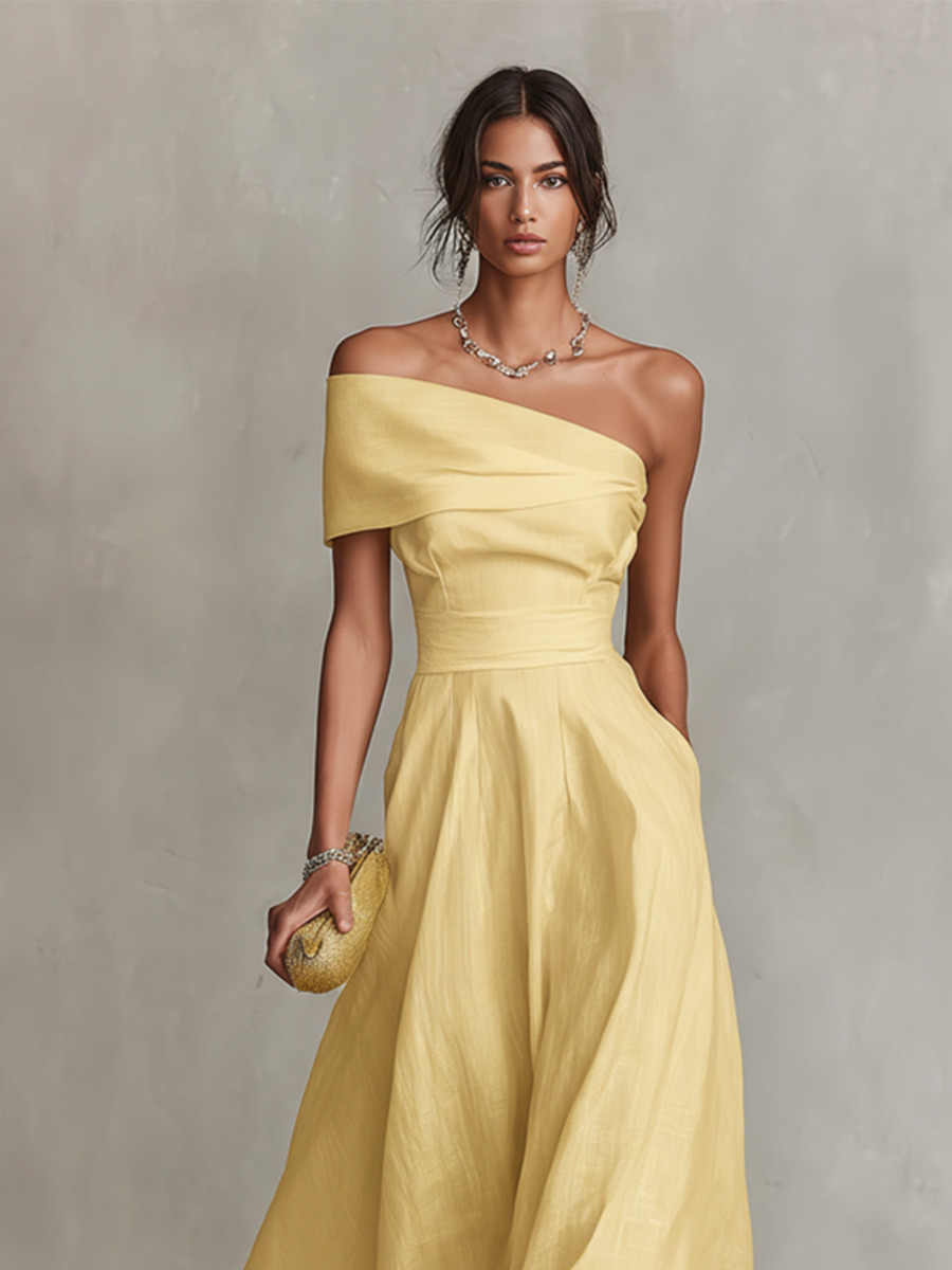 Women's One-Shoulder Maxi Linen Dress - Fitted Waist Elegant Occasion Style