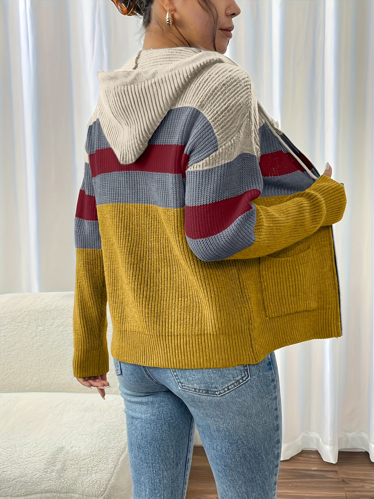 Women’s Color Block Hooded Zip Cardigan – Cozy Casual Layer