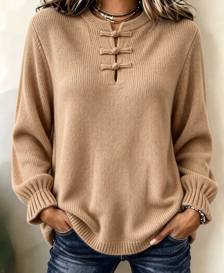 Women's Knitted Shirt - Stand Collar and Relaxed Fit