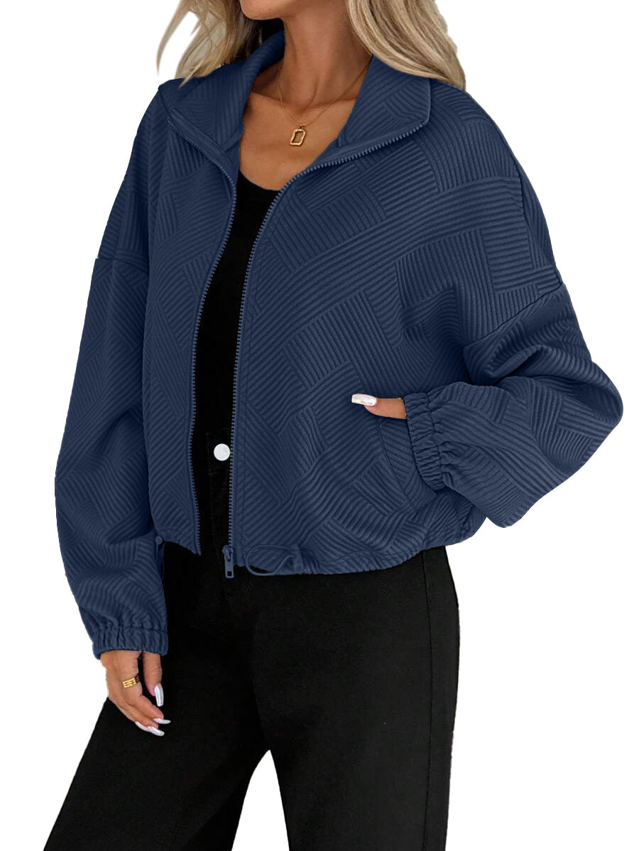 Women’s High-Collar Zipper Jacket – Loose-Fit Drawstring Hem Casual Autumn Winter Style