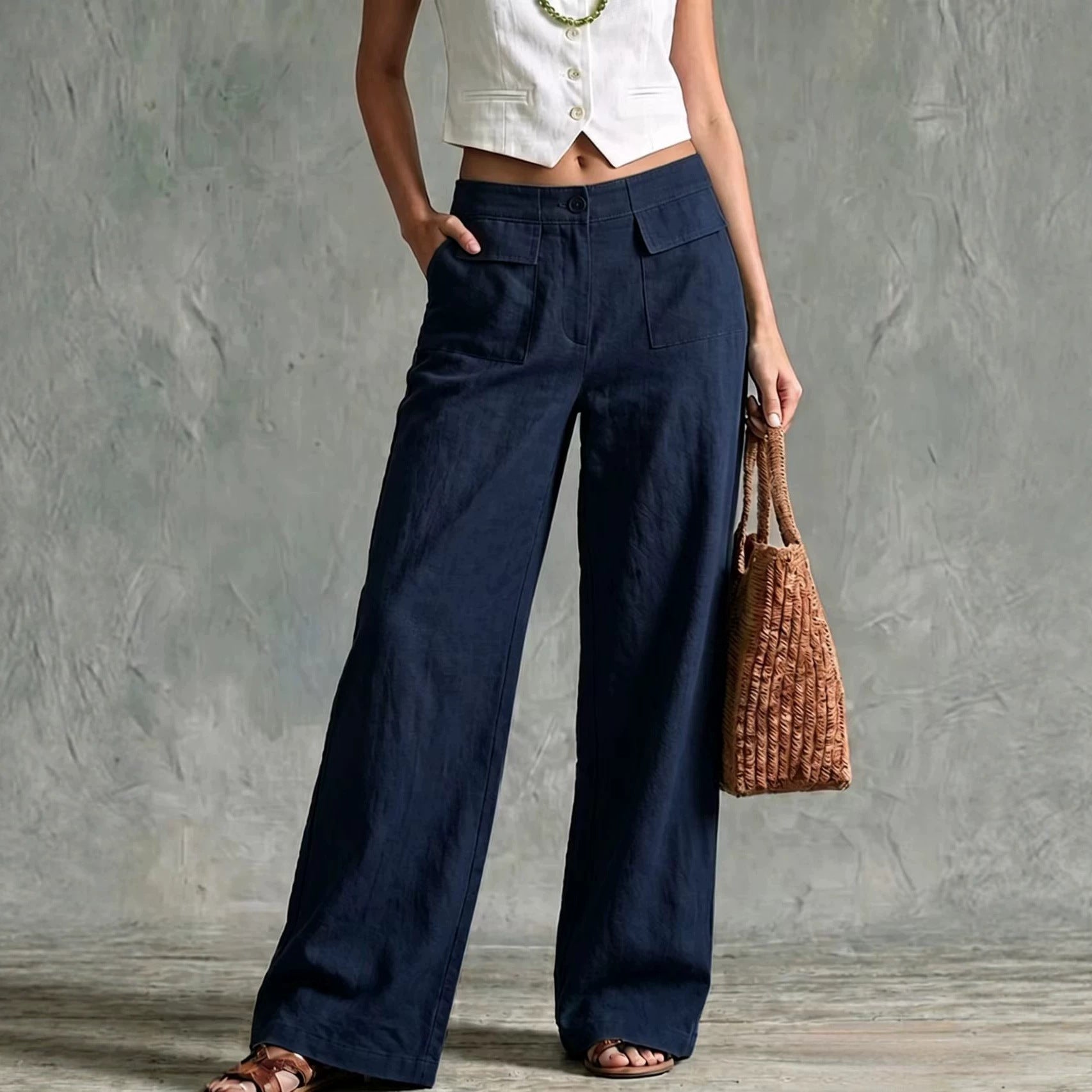 Women's Loose Elastic-Waist Trousers - Casual Wide Leg Everyday Pants