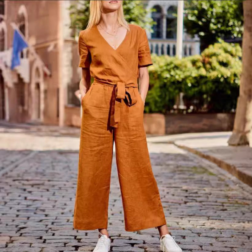 Women's Color-Block Short Sleeve Jumpsuit - Relaxed Wide Leg Everyday One-Piece