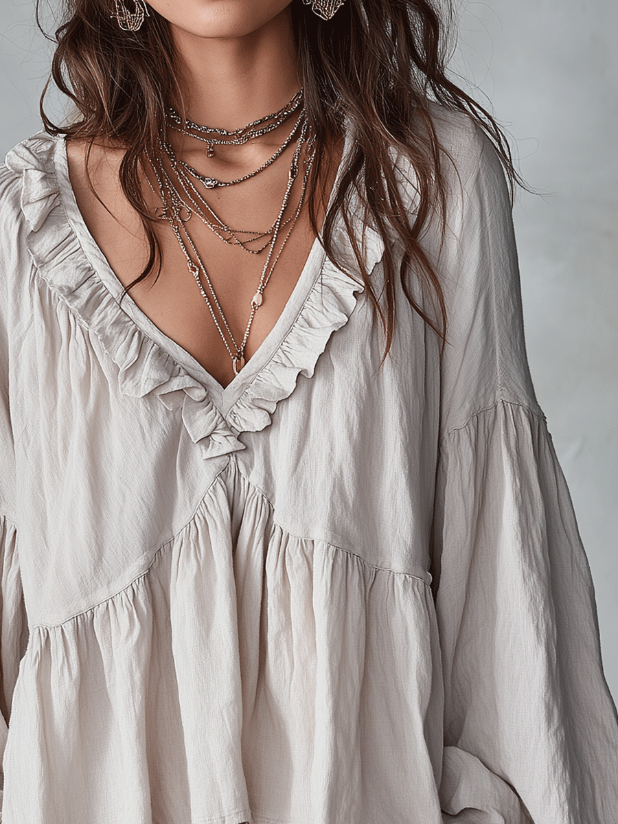 Women's Bohemian Ruffle Blouse – Airy Vintage-Inspired Long Sleeve Top