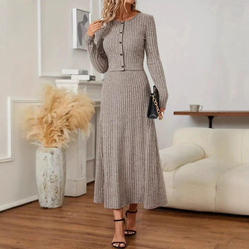 Women's Knit Cardigan and Midi Skirt Set - Relaxed Matching Look