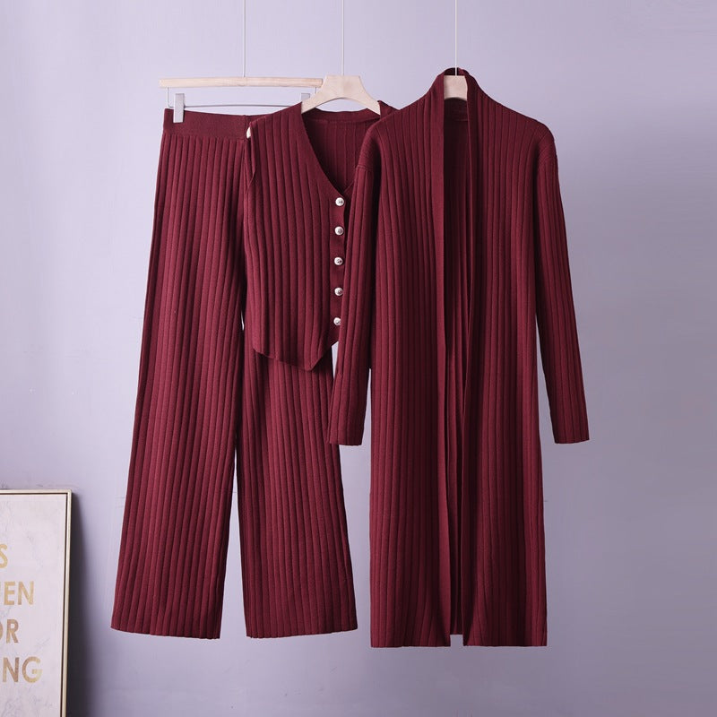 Three-Piece Knit Cardigan Sweater and Vest Set - Soft and Coordinated
