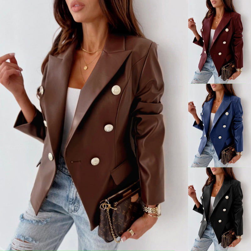Women’s Long Sleeve Double-Breasted PU Leather Blazer – Chic Elegant Casual Formal Style