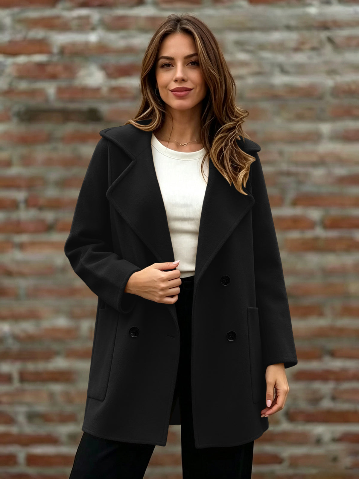 Women’s Double-Breasted Wool Coat – Loose Fit Warm Winter Style