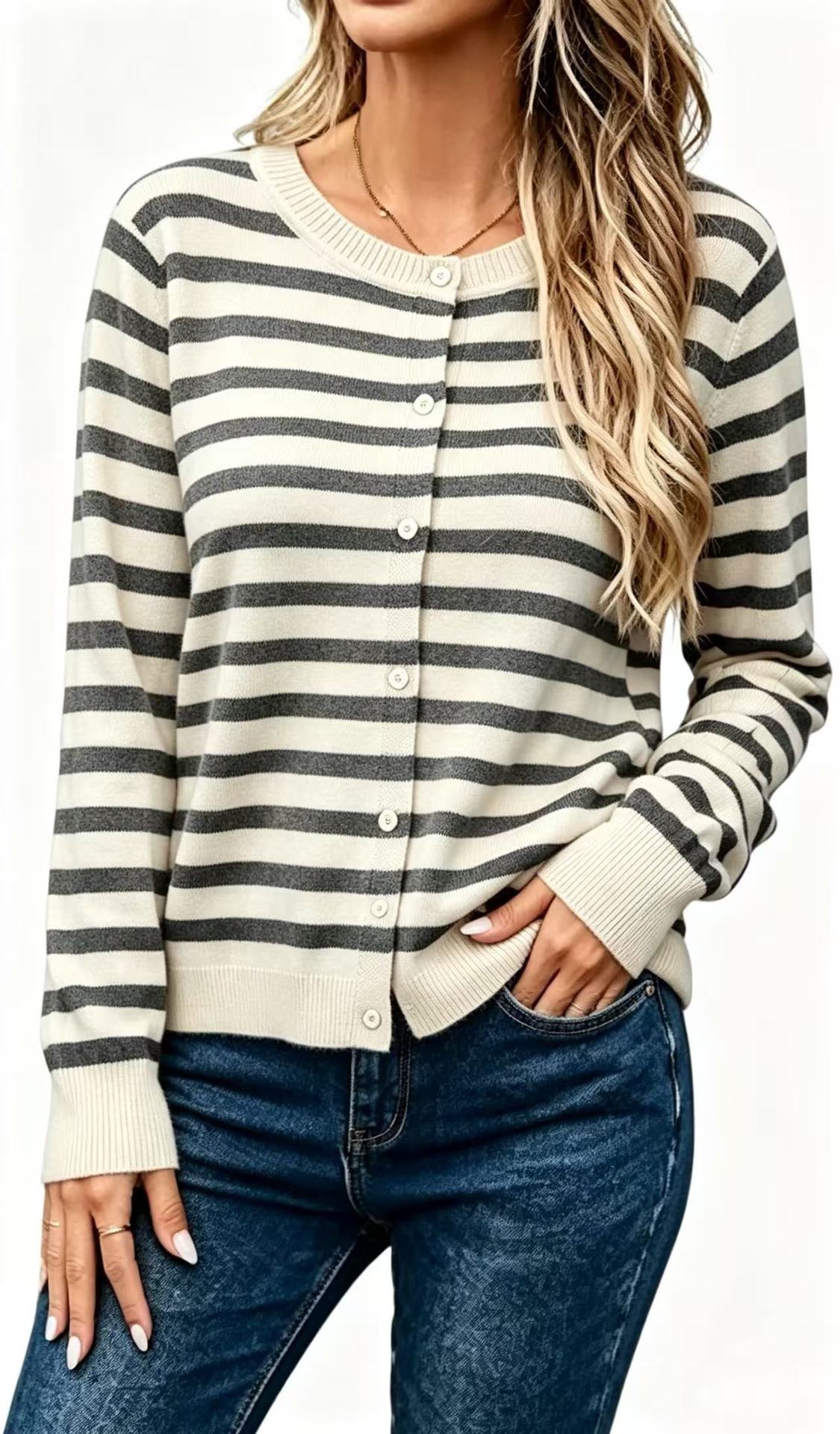 Women’s Long Sleeve Striped Knit Cardigan – Loose-Fit Cozy Casual Style