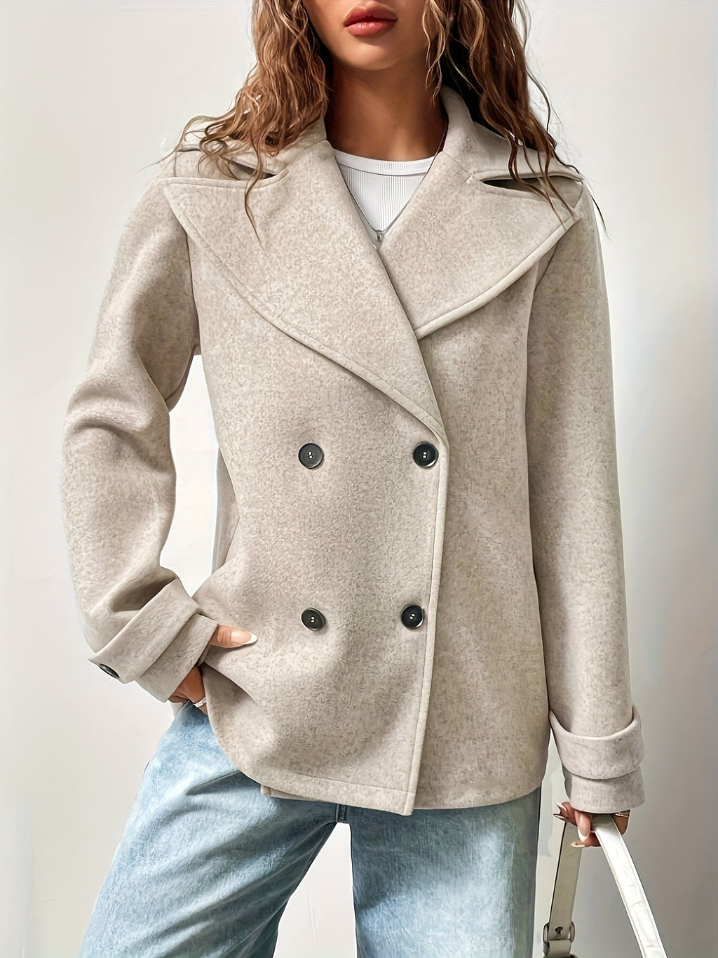 Women's Beige Pea Coat - Elegant and Oversized