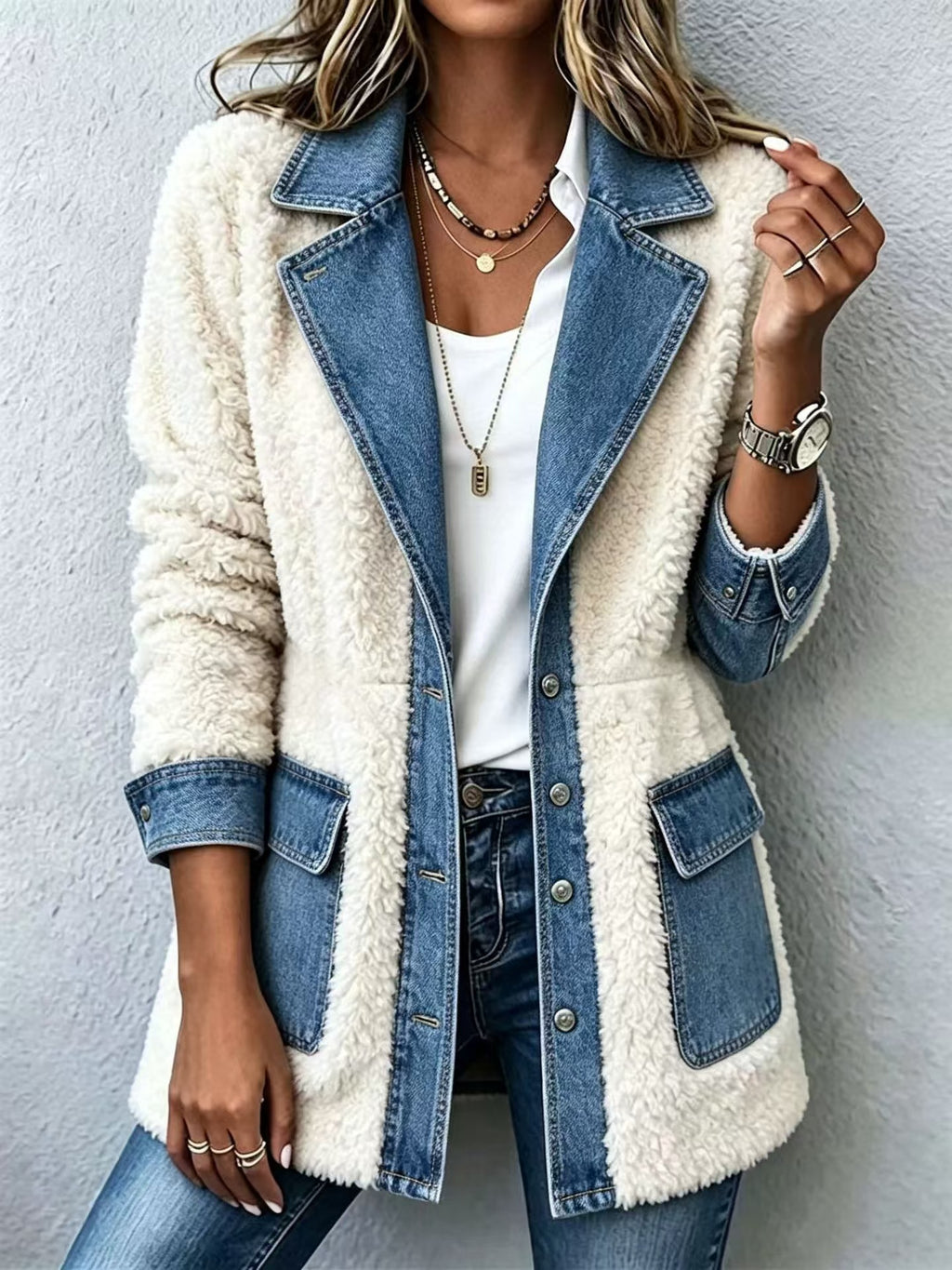 Patchwork Denim-Style Cardigan Coat - Warm and Original